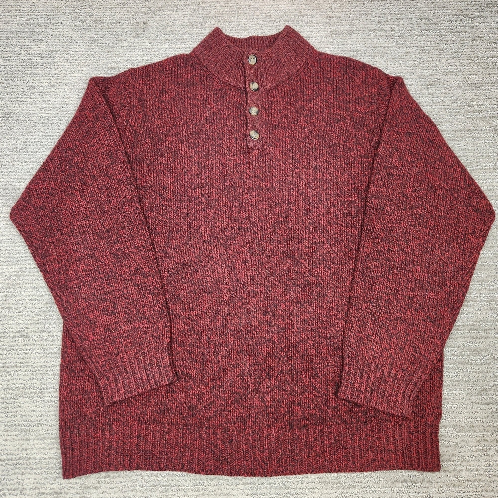 L.L. Bean 100% Lambs Wool Sweater Mockneck Marled Maroon Black Buttons Pullover